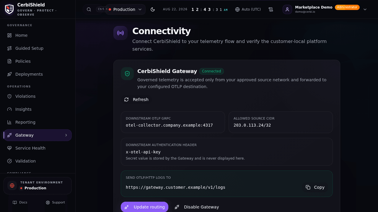 Current CerbiShield Gateway workspace showing readiness, the Gateway contract, and the governance traffic path