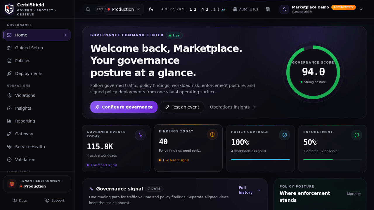 CerbiShield Governance Command Center August 2026 release-preview screen