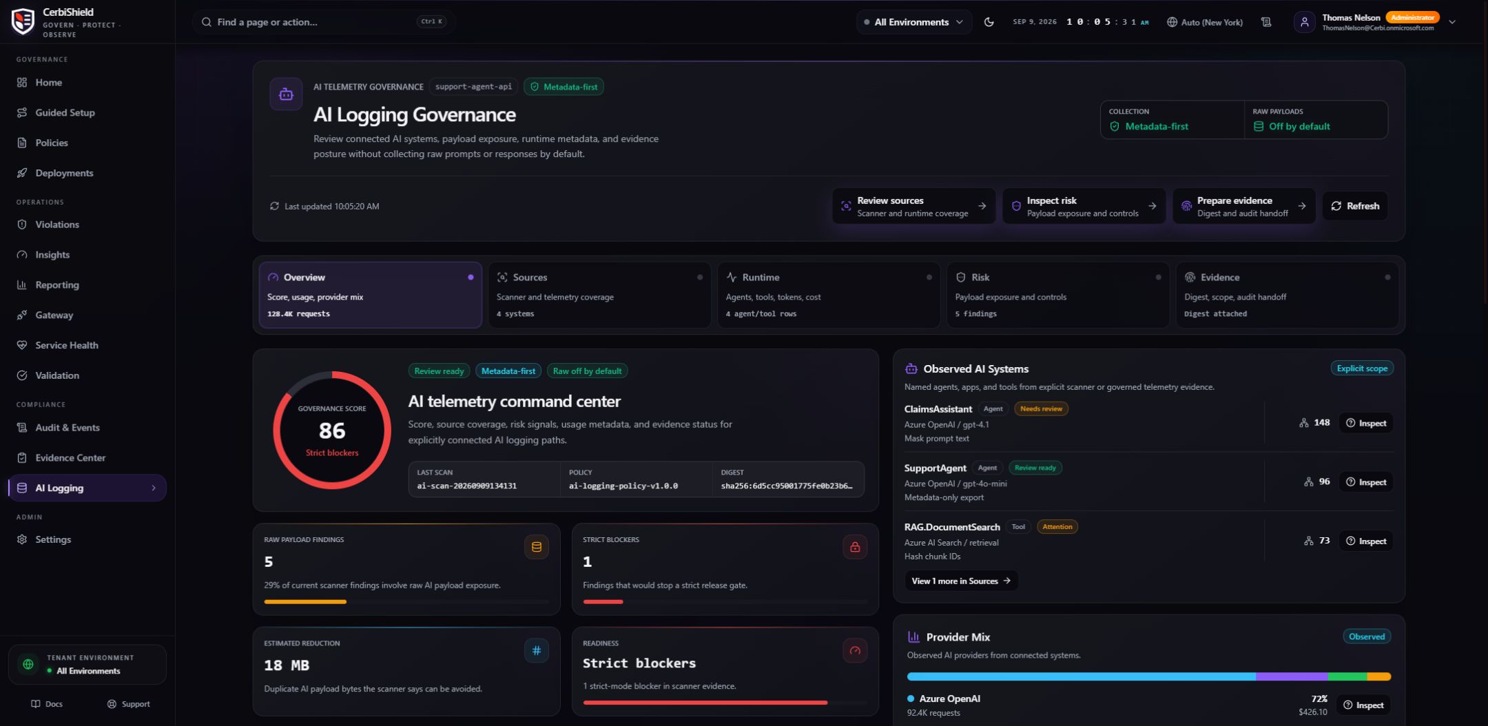 CerbiShield AI Logging Governance overview showing observed AI systems, provider metadata, runtime observations, and policy evidence