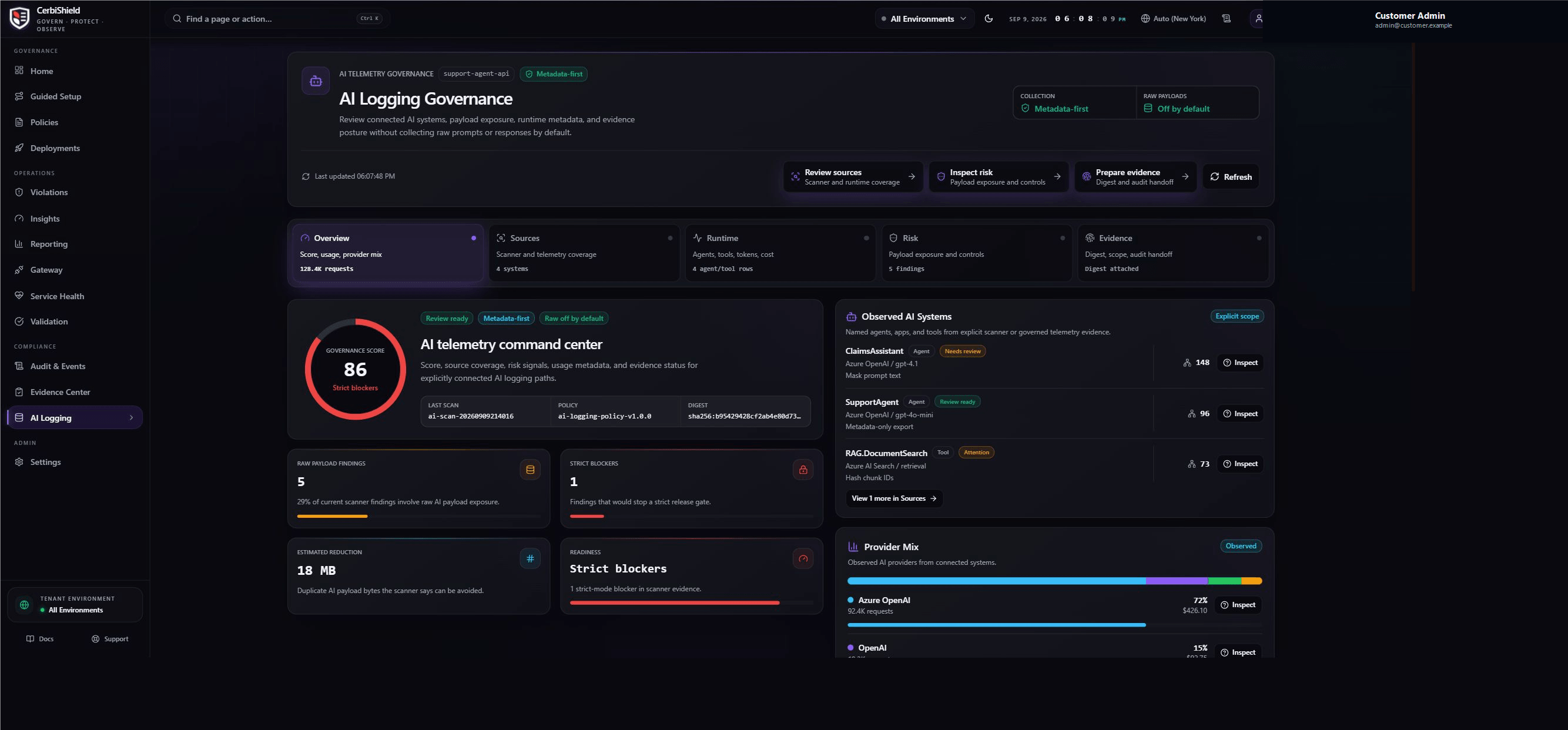 CerbiShield AI Logging Governance overview showing metadata-first storage posture, observed AI systems, provider usage, and policy evidence