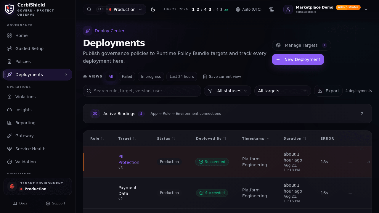 Current CerbiShield Deploy Center showing Runtime Policy Bundle targeting and the first-deployment workflow
