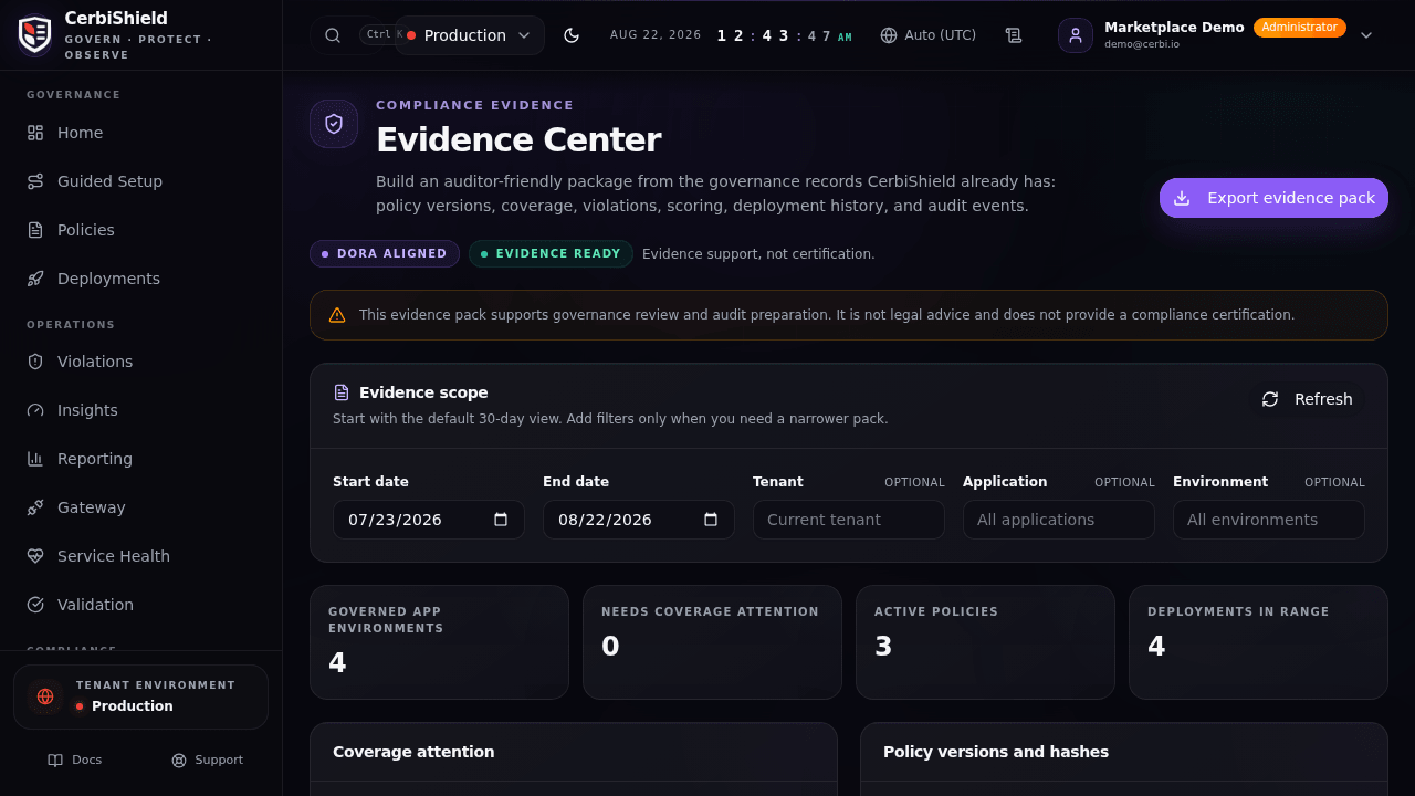 CerbiShield Evidence Center release-preview screen