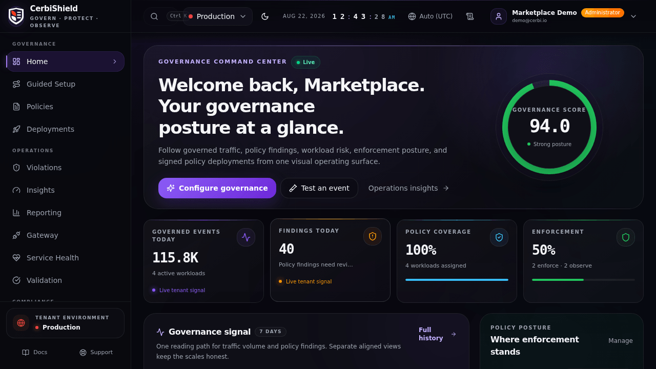 CerbiShield Governance Command Center release-preview screen