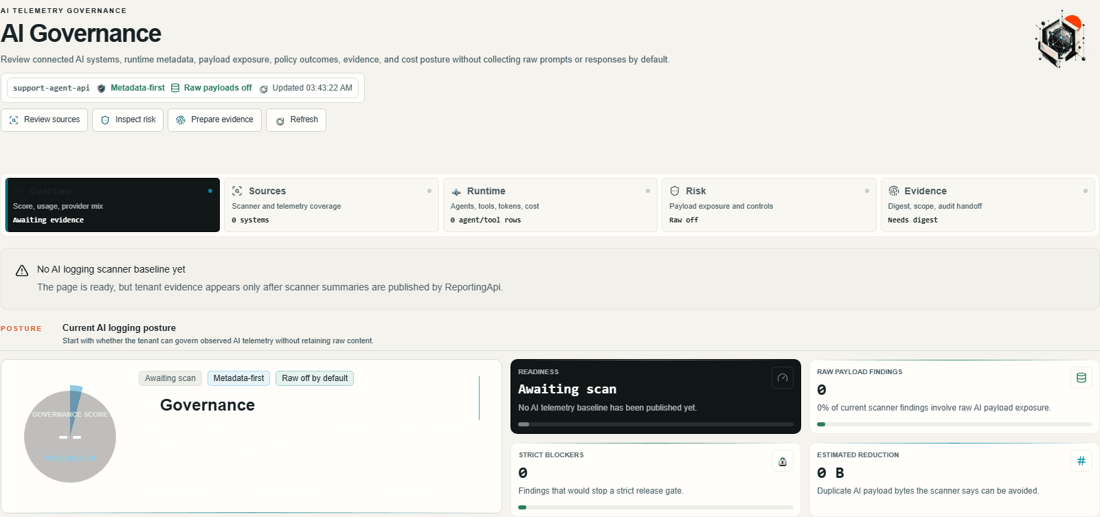 CerbiShield AI Logging Governance screenshot: AI logging posture and readiness. Provider, model, agent, and tool context where logged; policy and usage evidence where supplied. This is not agent-action authorization.